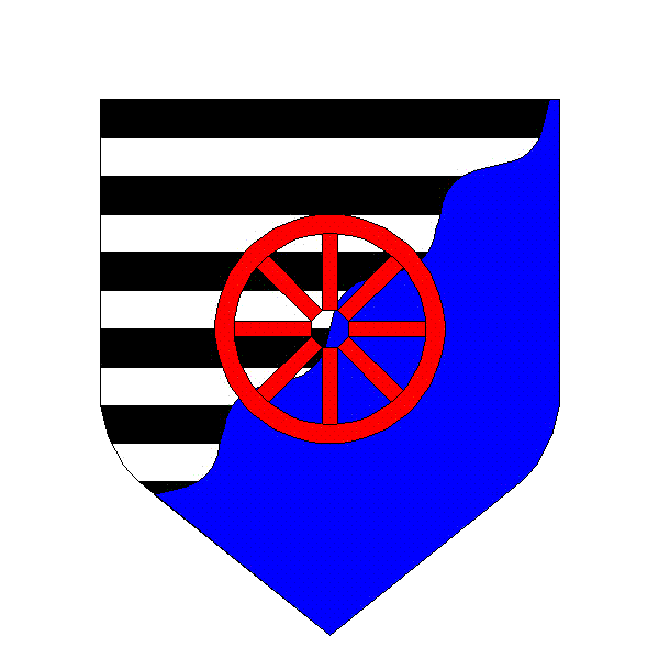 Per Bend Sinister Wavy Barry Sable and Argent and Azure, Wheel Gules
